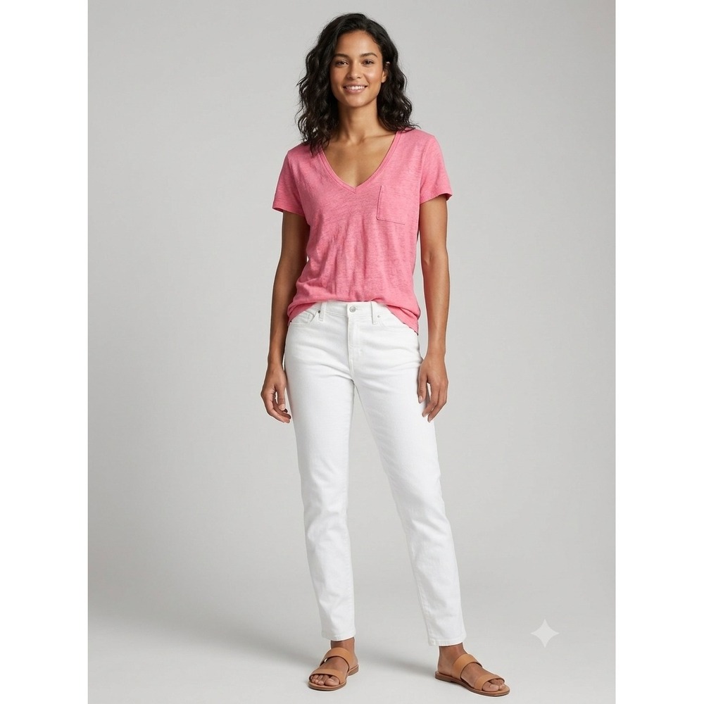 J.Crew Womens Pink 100% Linen V-Neck Short Sleeve Pocket T-Shirt XS